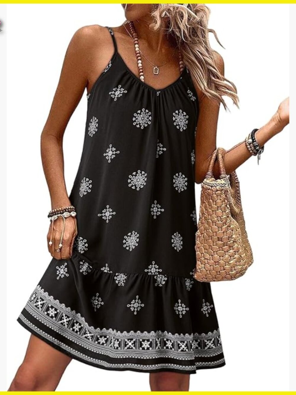 Spaghetti Strap Deep V Neck Smocked Ruffle Flowy Boho Summer Dress